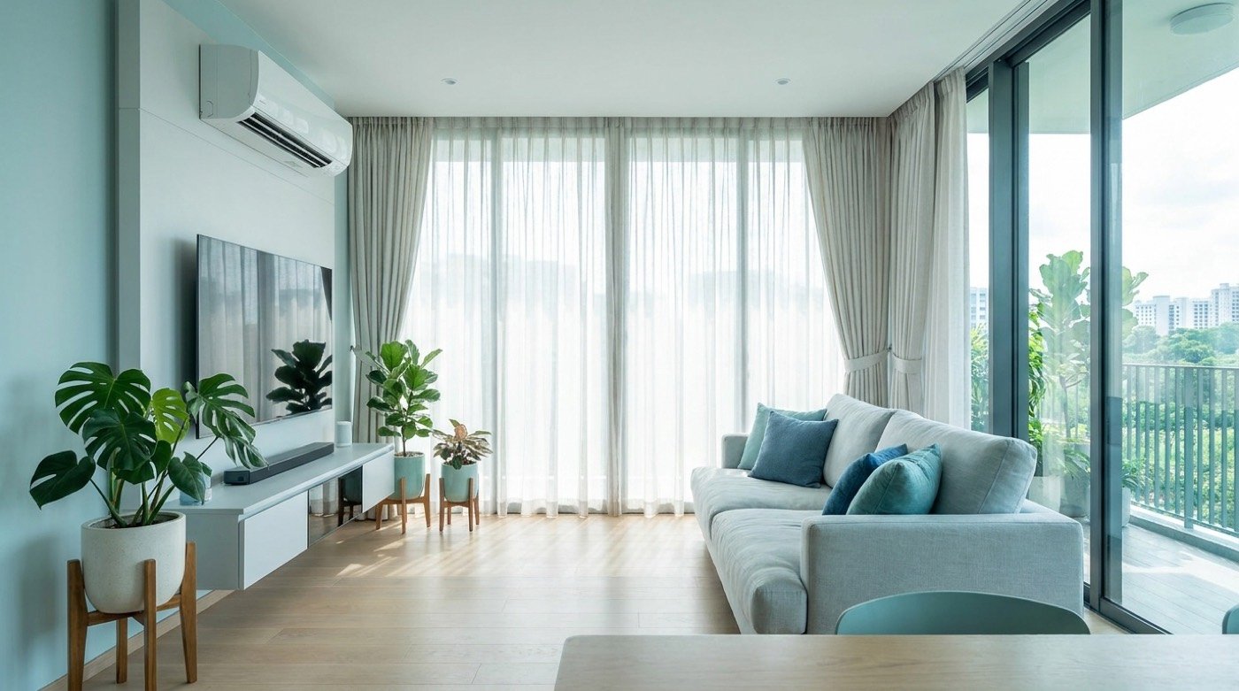 Cool, calm, comfortable modern Singapore living room